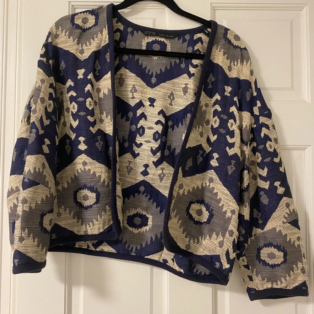 Zara WomanNavy and Beige Patterned Women's Bolero Jacket - Picture 2 of 4